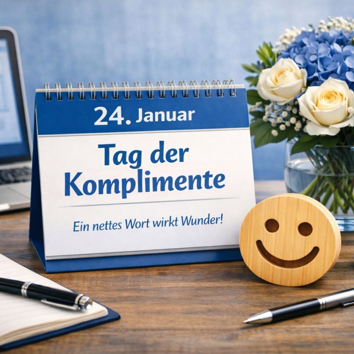 Chat GPT Image: Schreibtisch mit Kalender: 24. Januar - Tag der Komplimente - Ein nettes Wort wirkt Wunder!