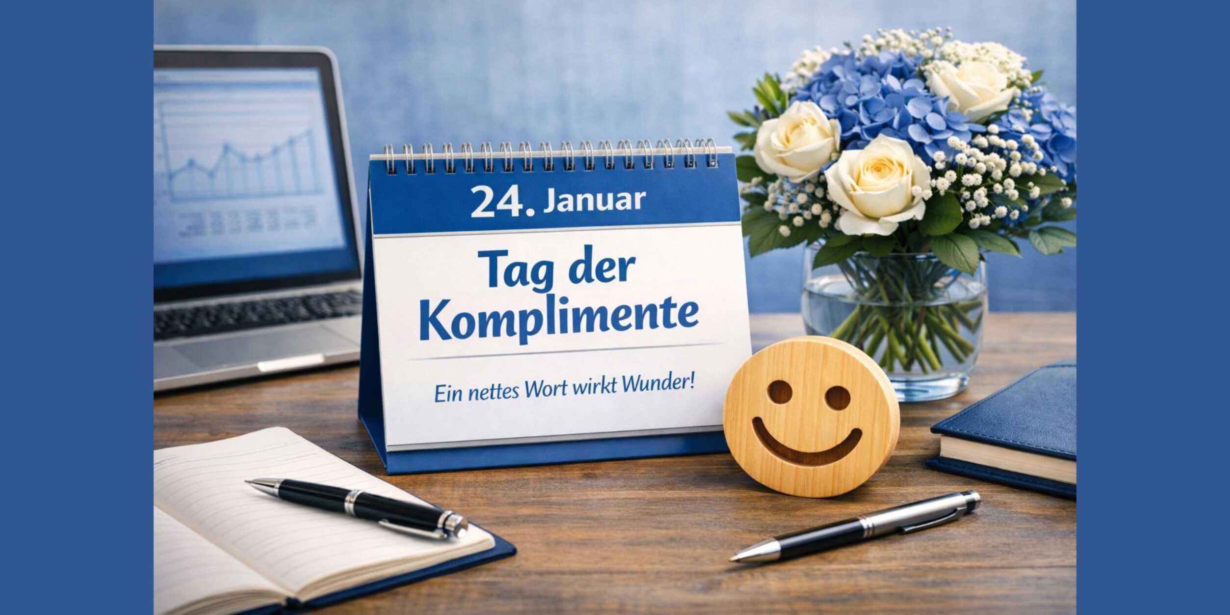 Chat GPT Image: Schreibtisch mit Kalender: 24. Januar - Tag der Komplimente - Ein nettes Wort wirkt Wunder!