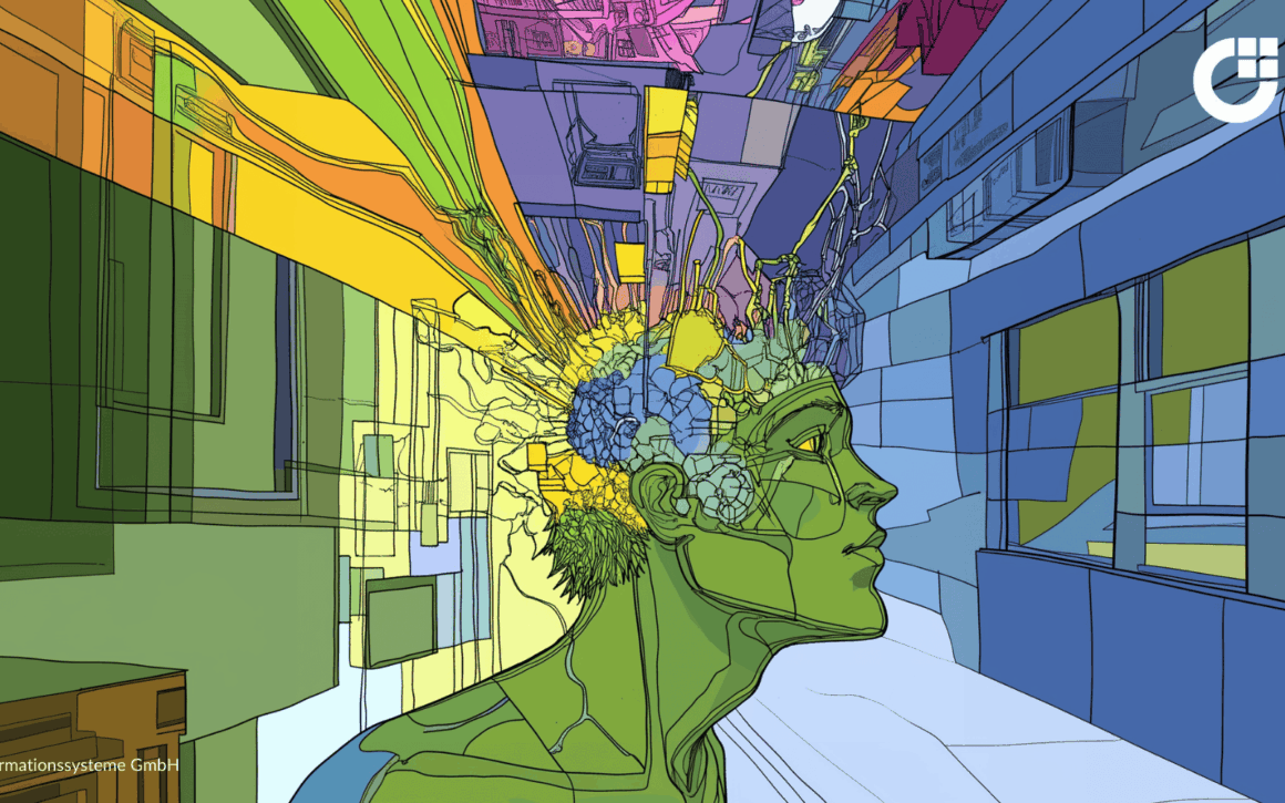 KI-generiertes Bild, Mensch im Mittelpunkt von Räumen, flexibel und autark,