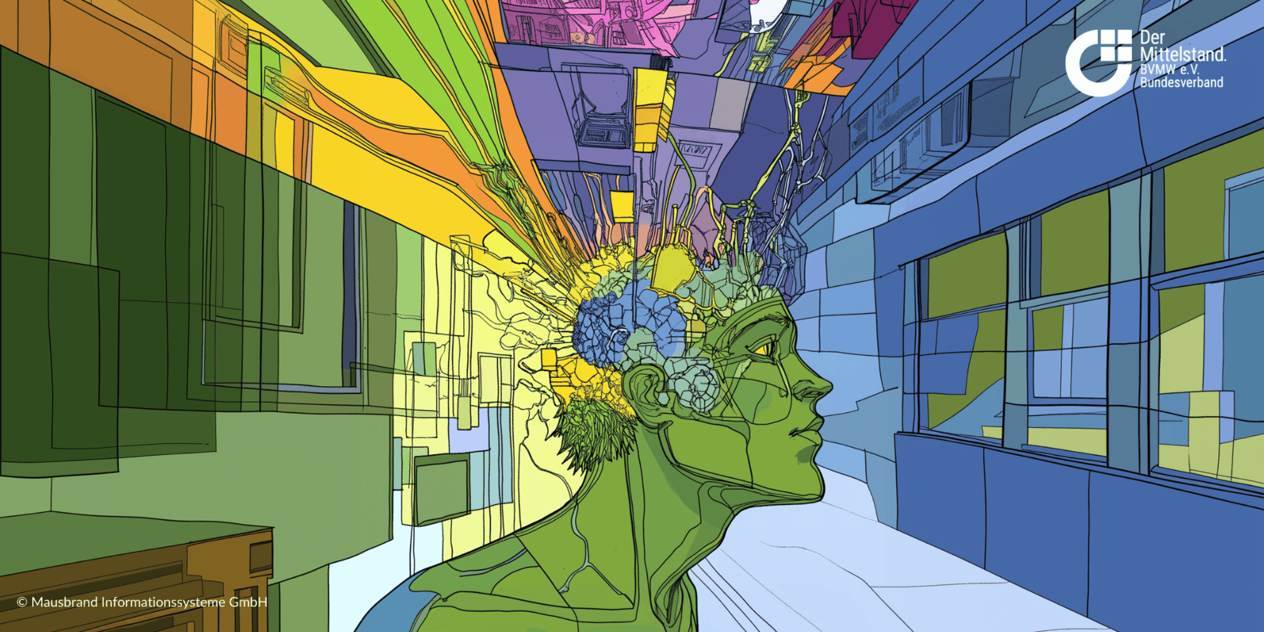 KI-generiertes Bild, Mensch im Mittelpunkt von Räumen, flexibel und autark,