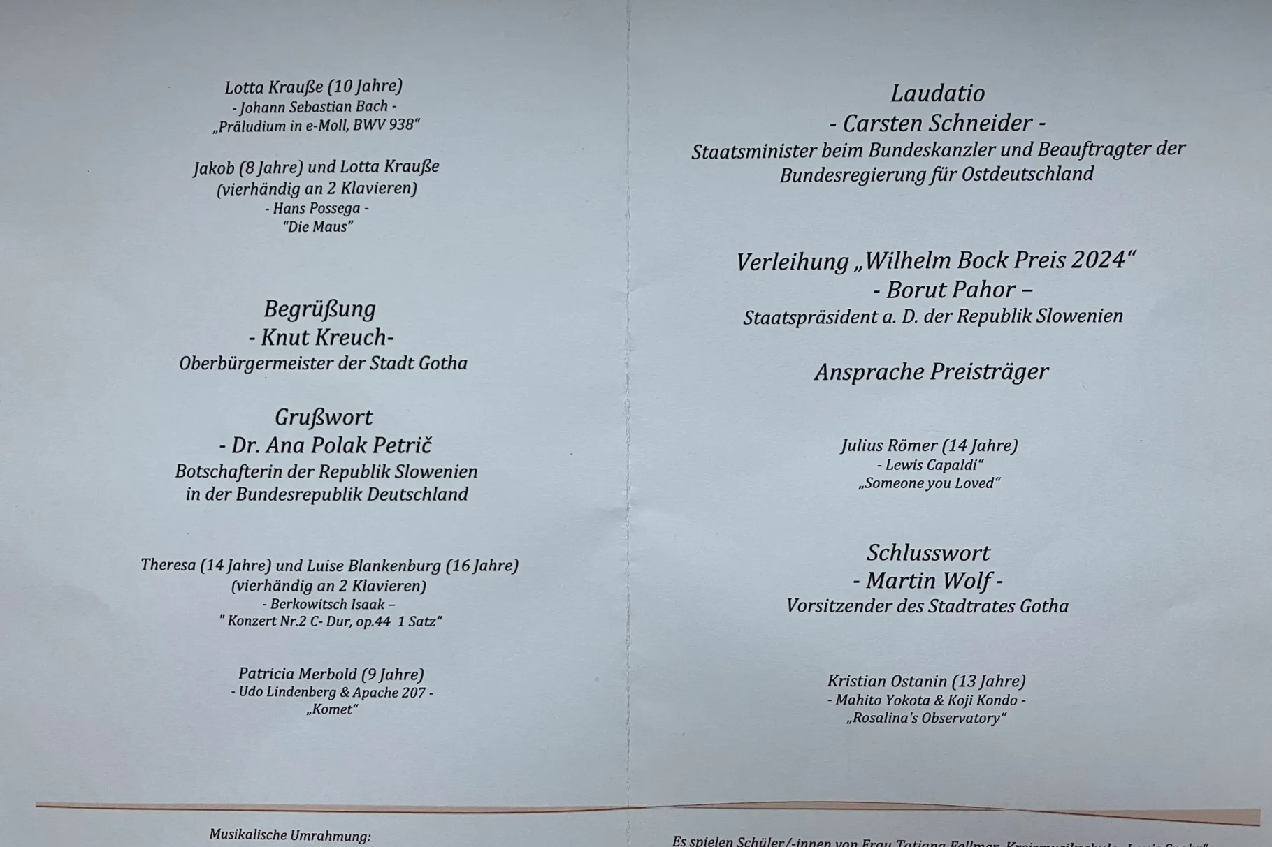 Programm zur Preisverleihung des Wilhelm-Bock-Preises 2024;