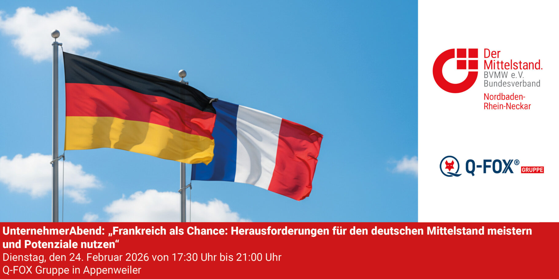 Bild für Eventankündigung Deutschland Flagge und Frankreich Flagge wehen im Wind