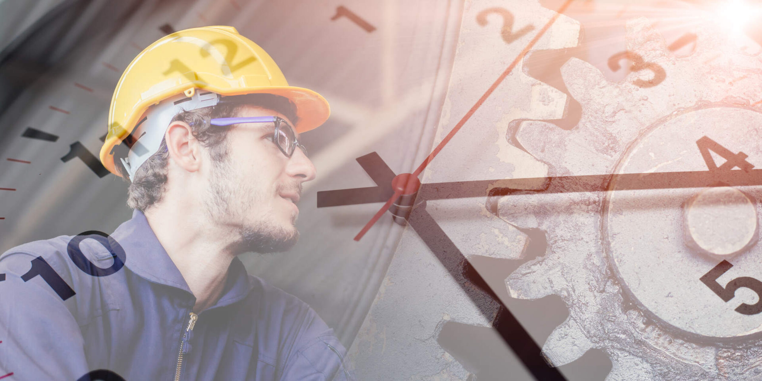 Ein Arbeiter vor einem halbtransparenten Ziffernblatt