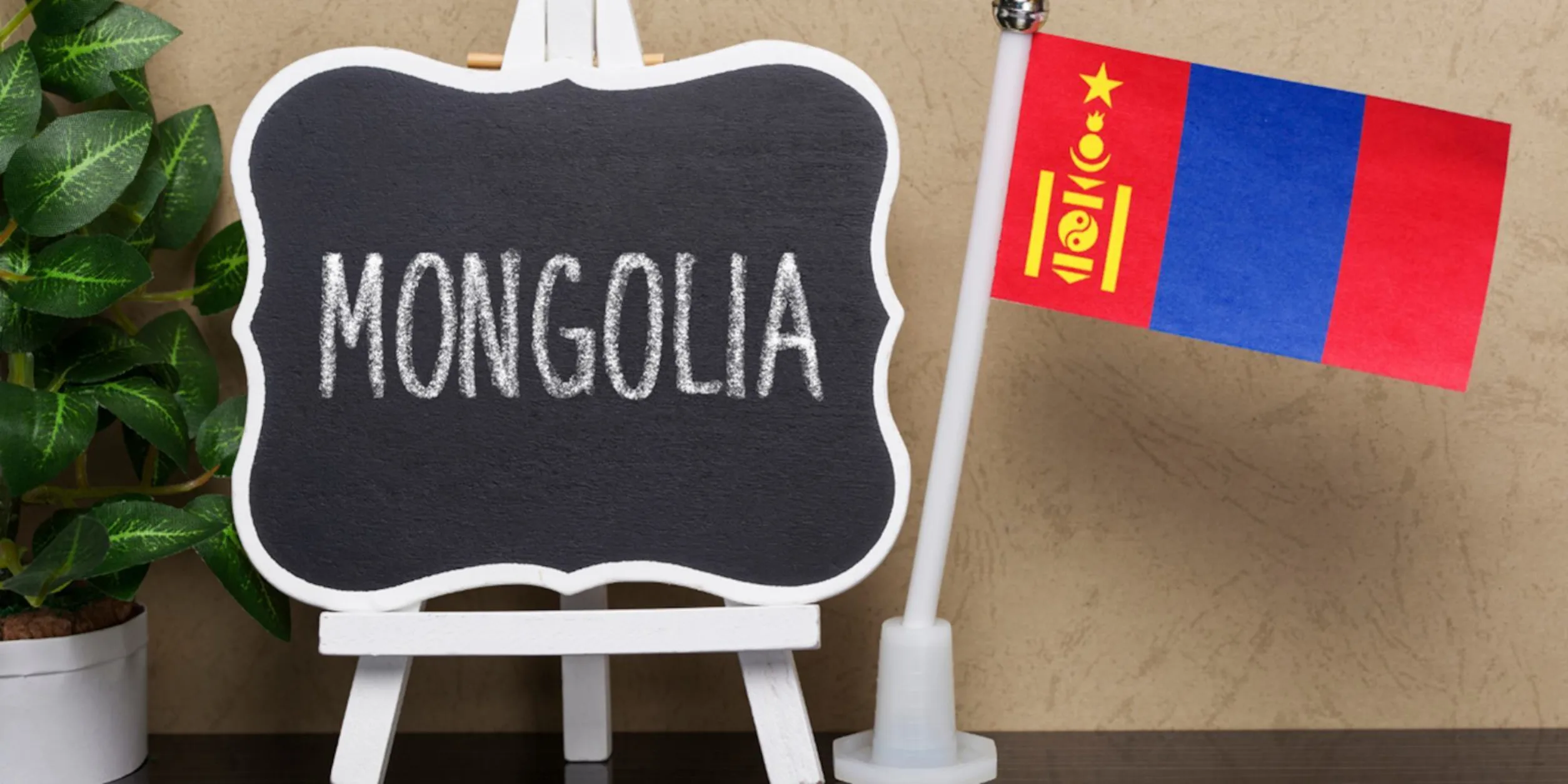 Ein Schild mit dem Wort "Mongolei" und die Fahne daneben