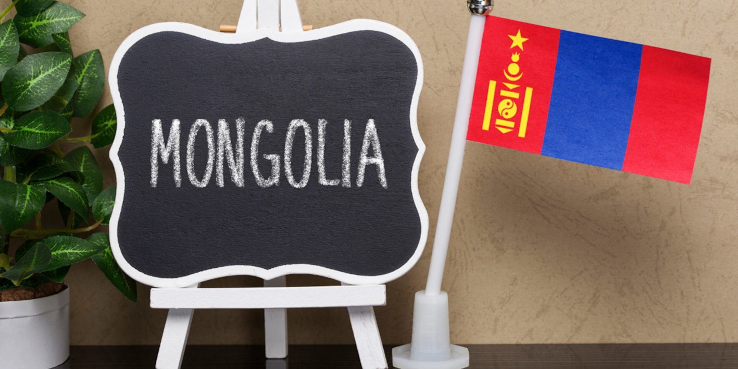 Ein Schild mit dem Wort "Mongolei" und die Fahne daneben