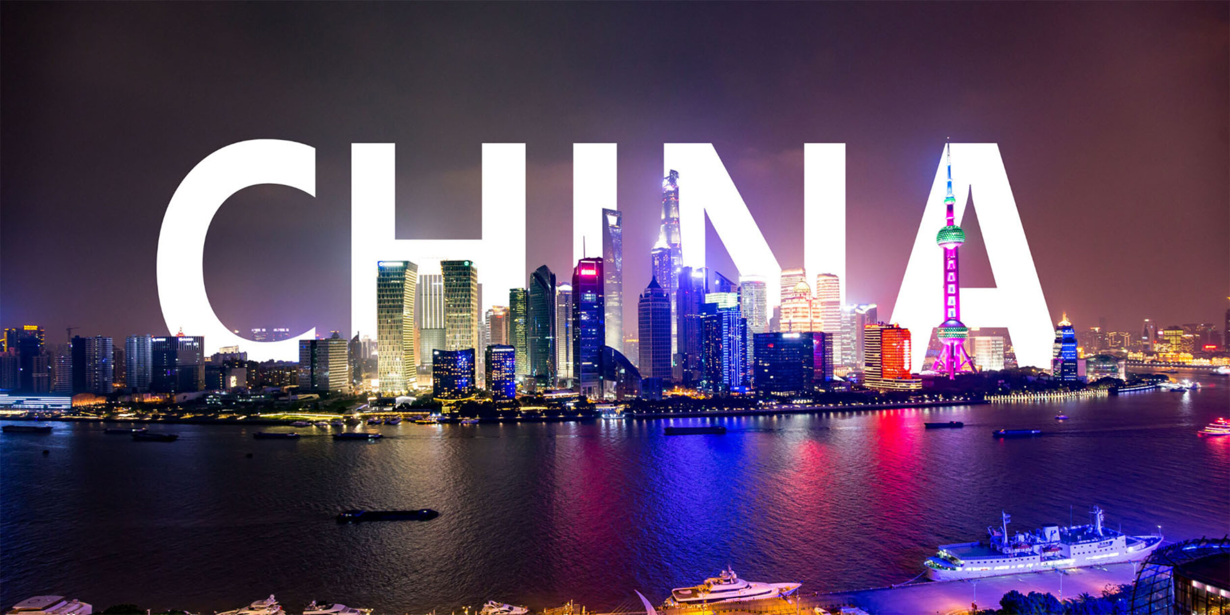 Shanghai Panorama nachts Schriftzug China