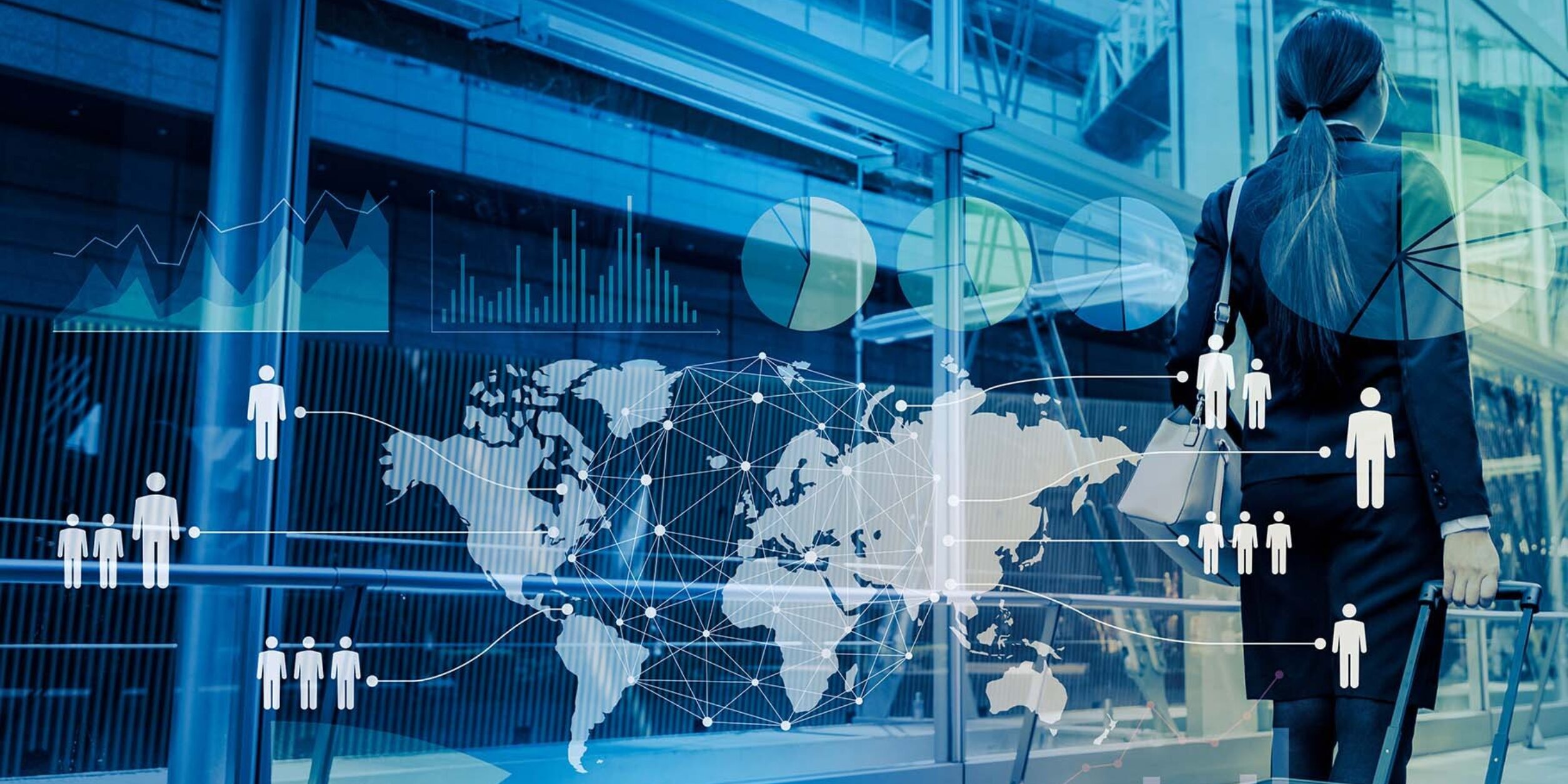 Weltweite Geschäftsreisen, Reisende, Weltkarte