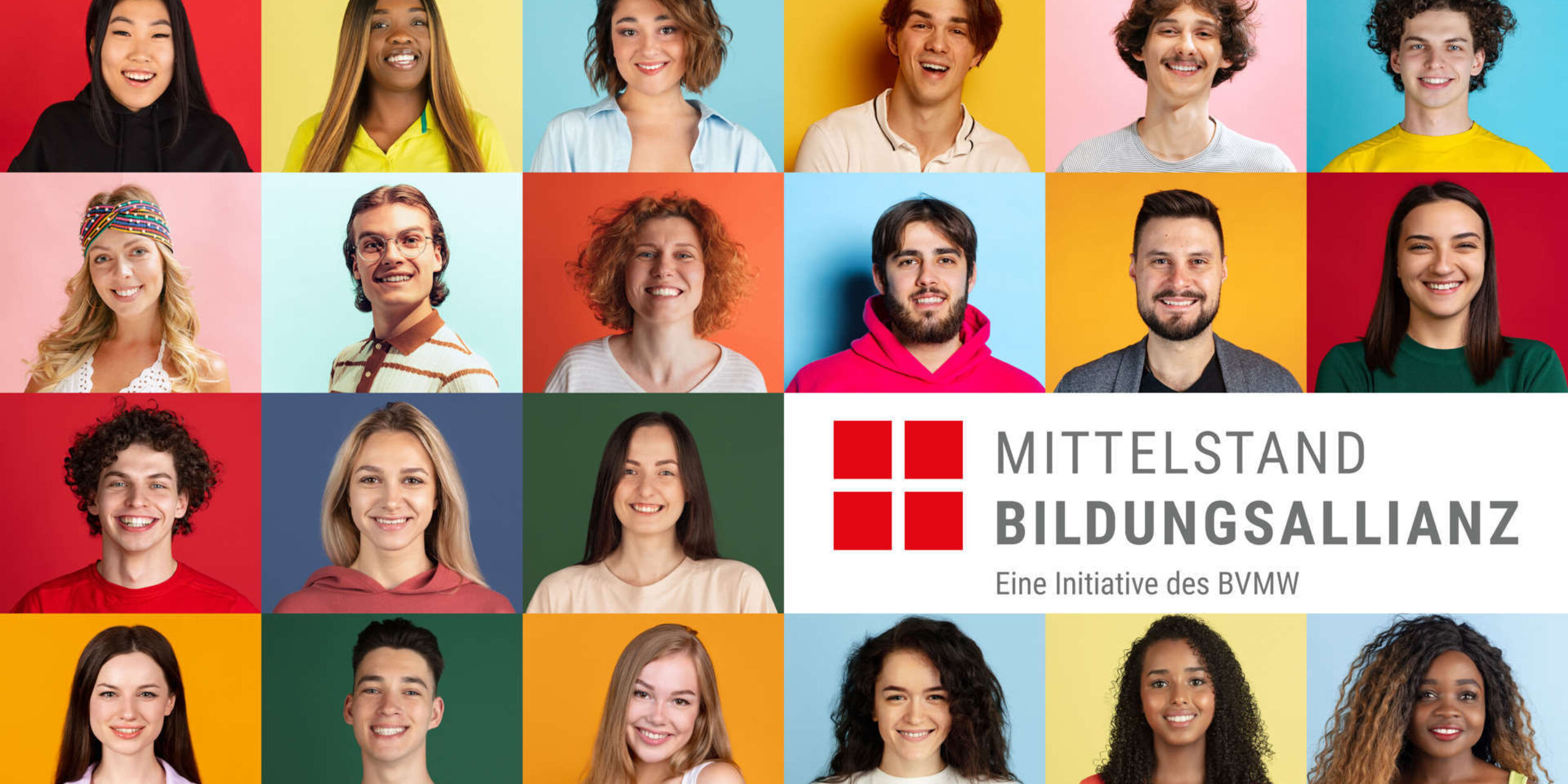 Logo der Bildungsallianz im Hintergrund mehrere Portraits