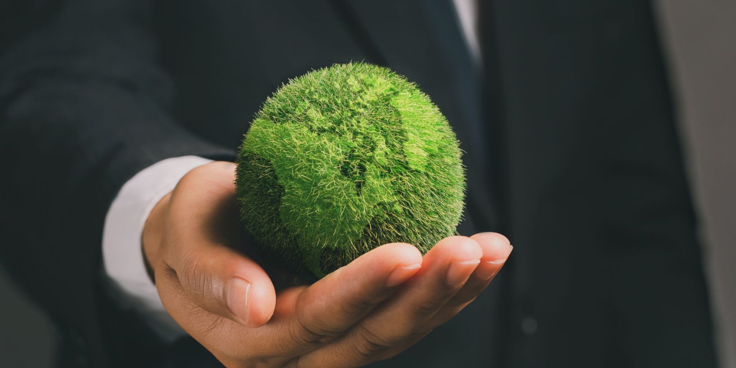 Ein Manager hält eine Weltkugel aus Moos in der Hand