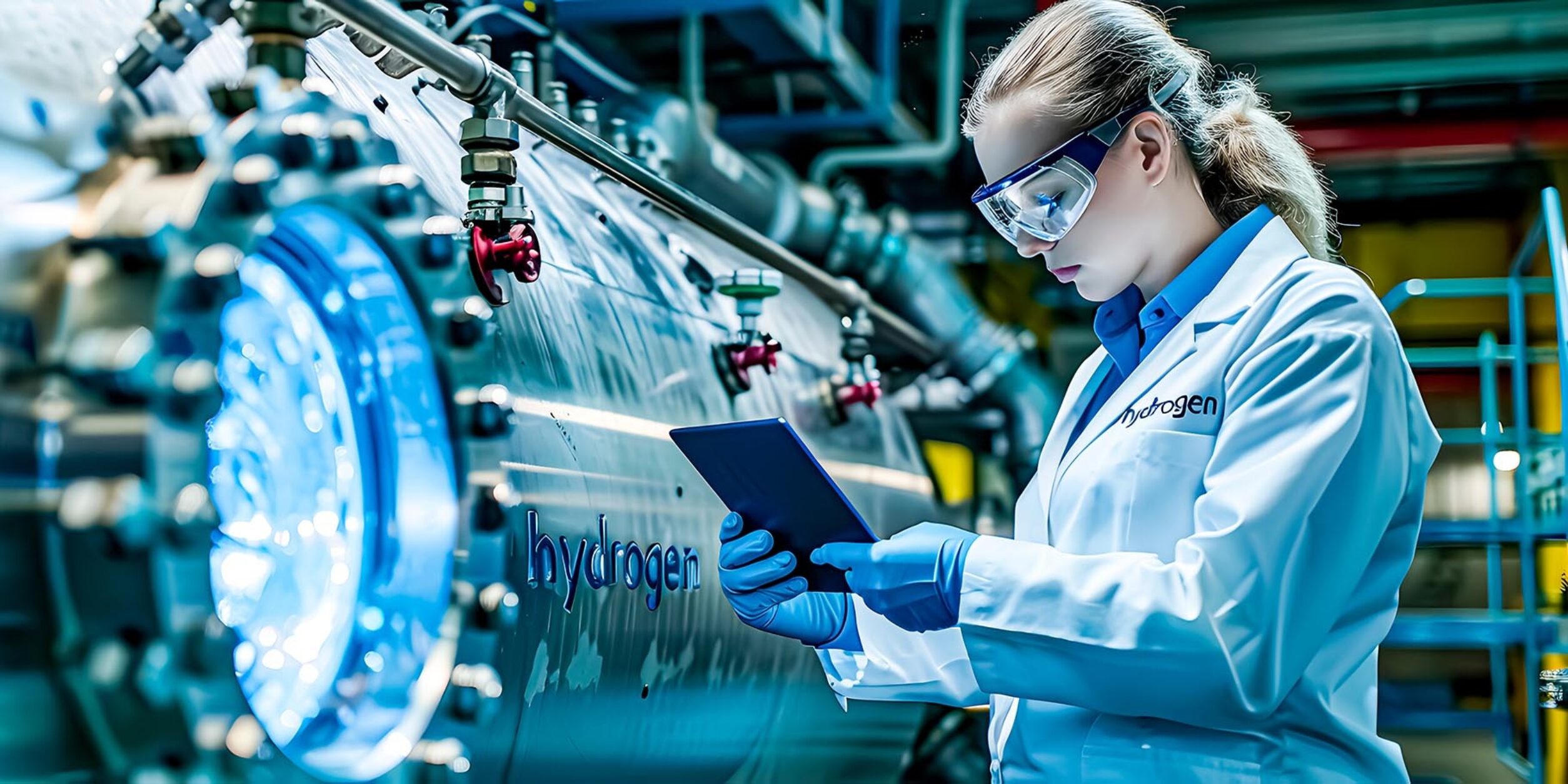 Ingenieurin mit Notepad an einer industriellen Wasserstoffanlage