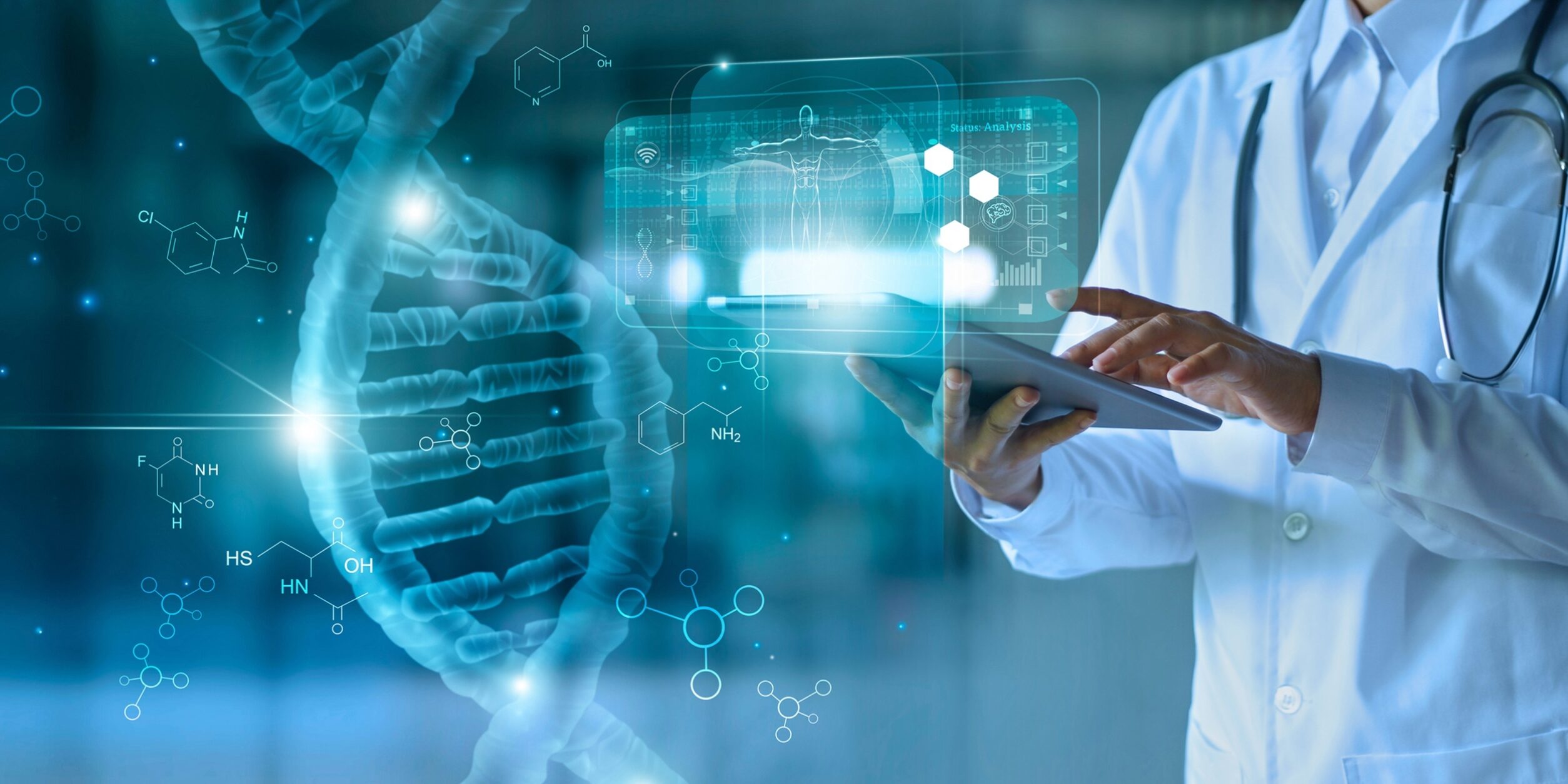 person im kittel mit tablet vor dna helix