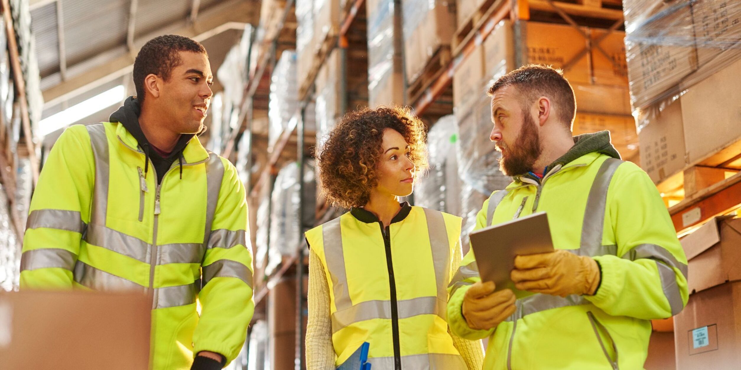 § Personen unterhalten sich in einer Lager- und Logistikhalle