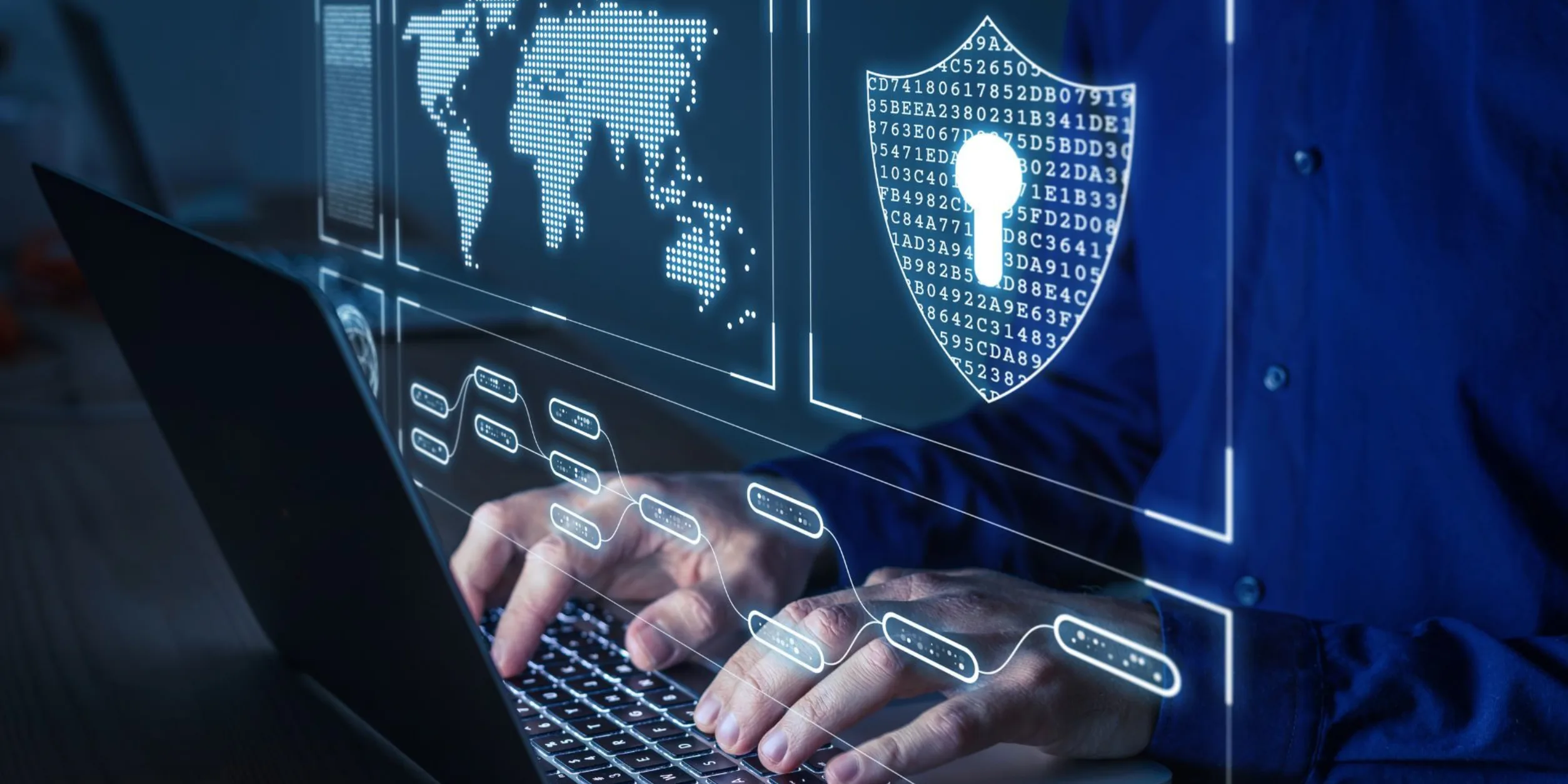 Virtuelle Darstellung von geschützten Daten projiziert über einen Laptop