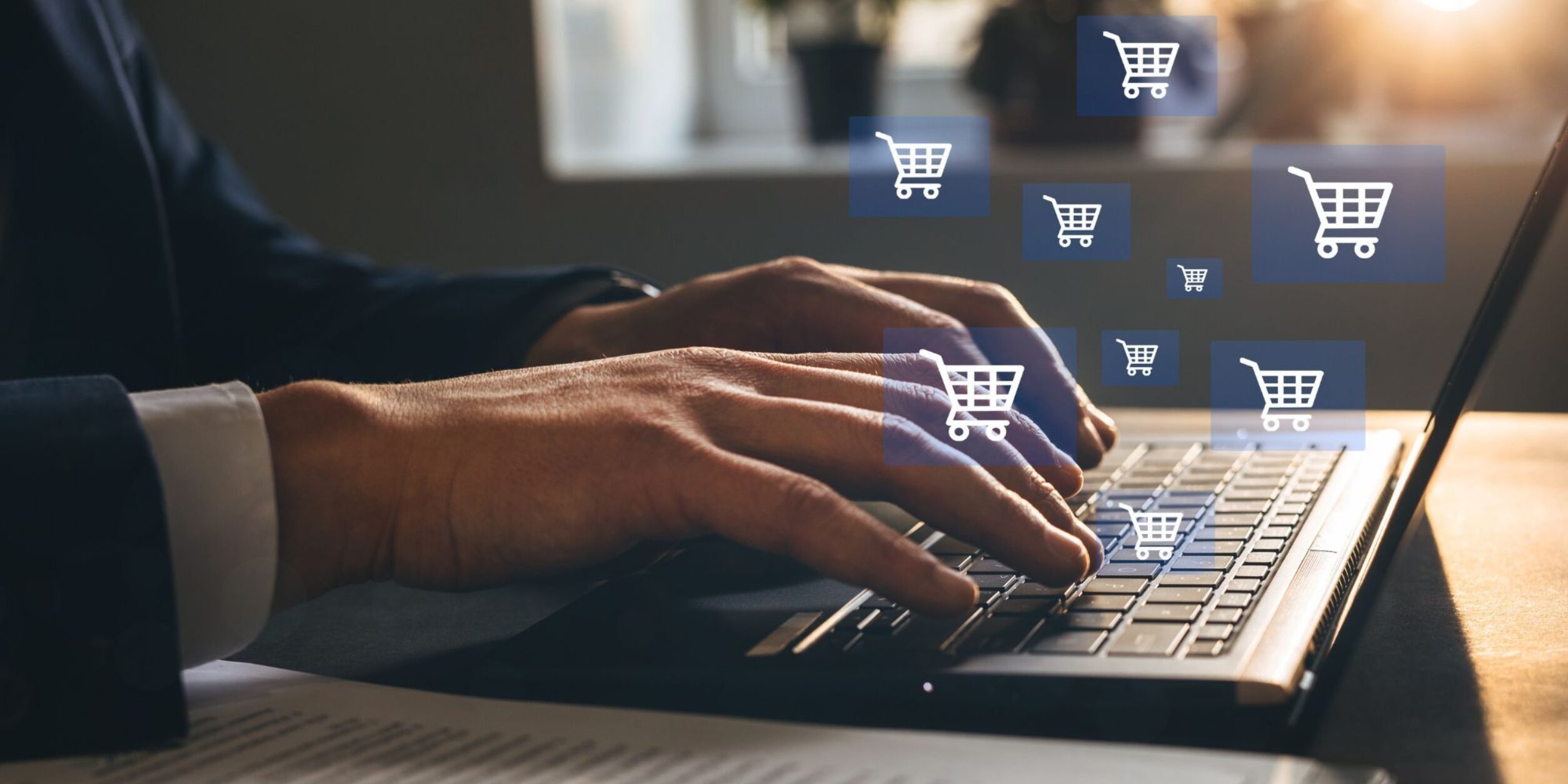 Ein Mann benutzt die Tastatur eines Laptops aus dem virtuelle Kästchen mit Warenkörbe kommen